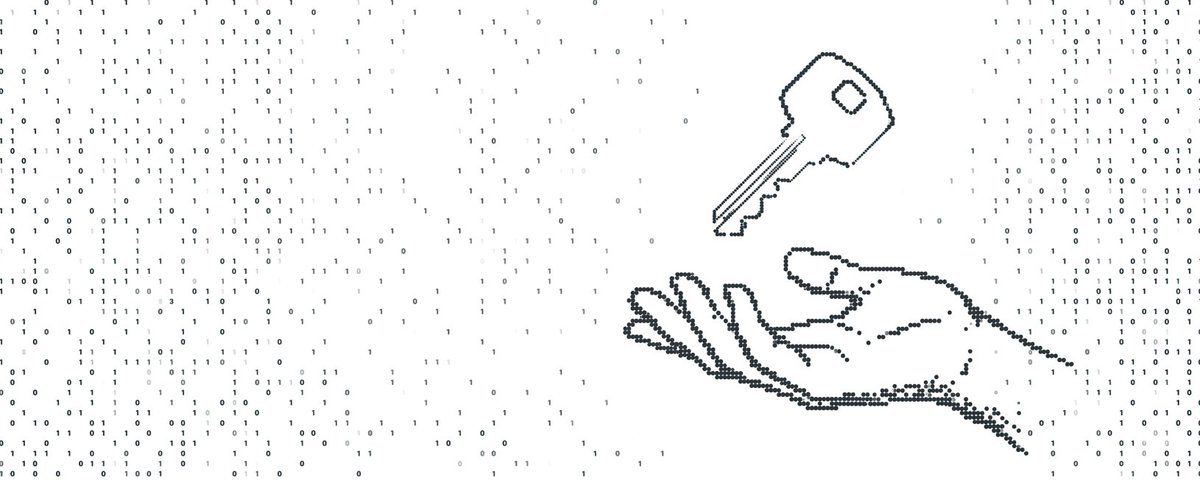 Binary rain around a hand reaching for a key